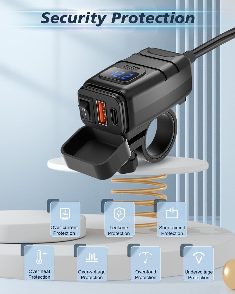 Extractme Încărcător celular rapid USB pentru motociclete Conector priză impermeabil tip C cu voltmetru LED digital pentru biciclete, moto
