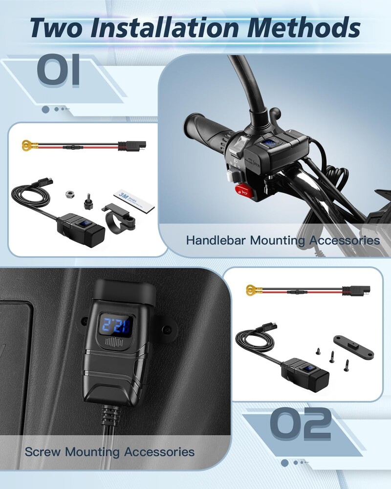 Extractme Încărcător celular rapid USB pentru motociclete Conector priză impermeabil tip C cu voltmetru LED digital pentru biciclete, moto