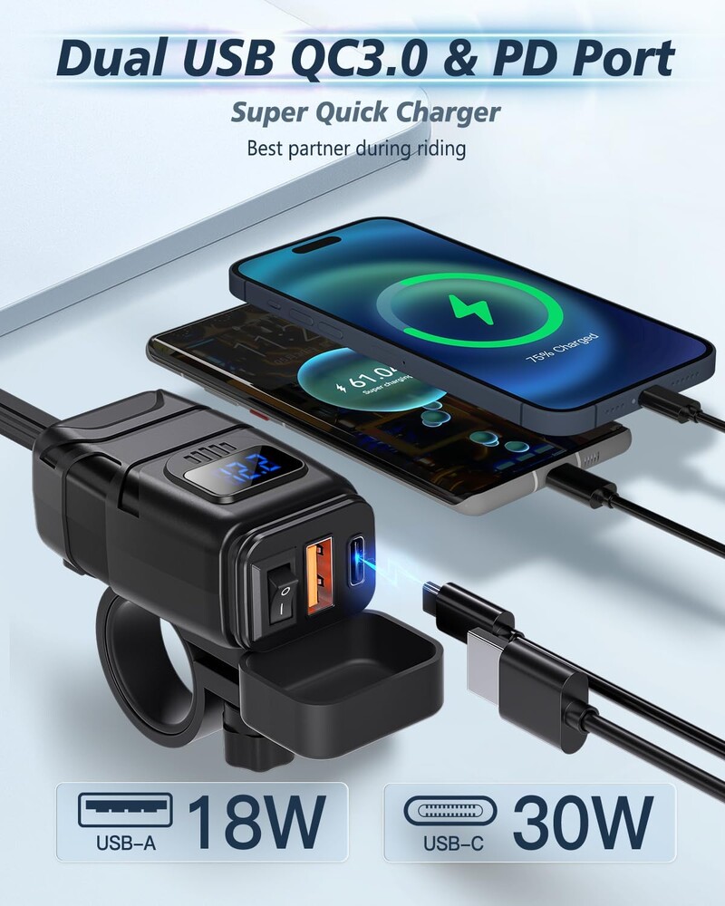Extractme Încărcător celular rapid USB pentru motociclete Conector priză impermeabil tip C cu voltmetru LED digital pentru biciclete, moto