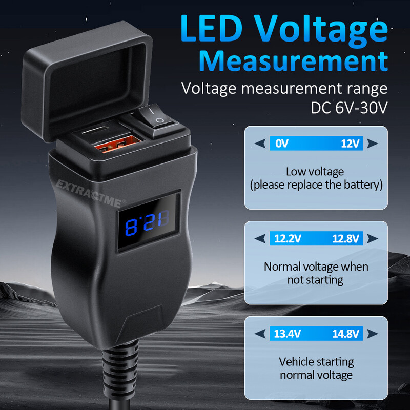 Încărcător celular rapid USB Extractme pentru motociclete Conector priză de tip C rezistent la apă cu voltmetru mobil mobil încărcare digitală