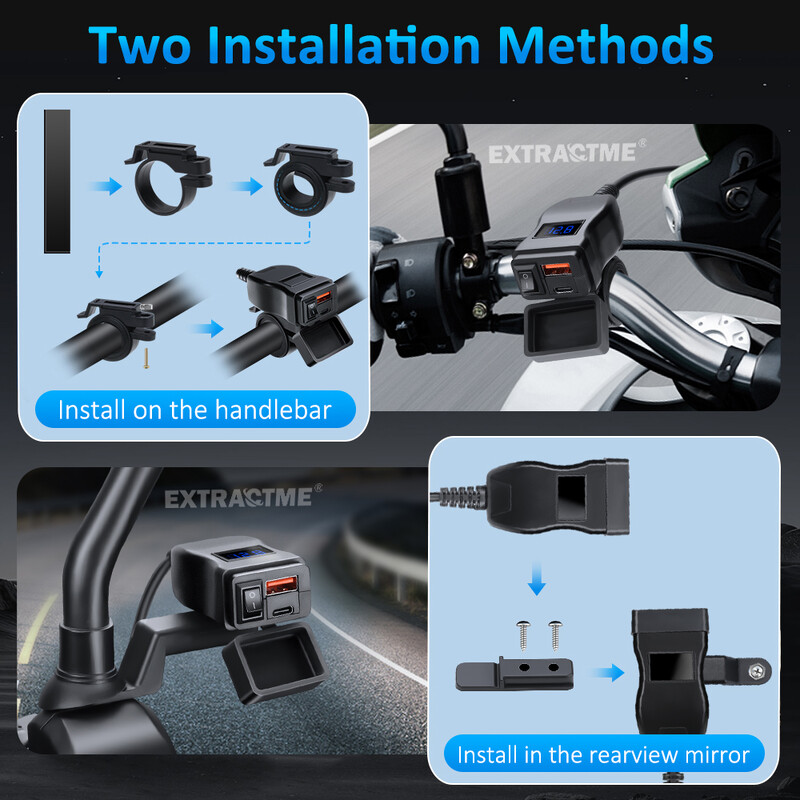 Încărcător celular rapid USB Extractme pentru motociclete Conector priză de tip C rezistent la apă cu voltmetru mobil mobil încărcare digitală