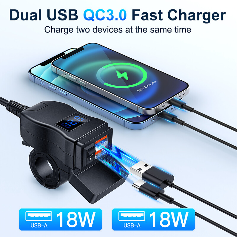 Extractme 6.4A QC3.0 PD Motociklistički USB punjač Vodootporni 12V adapter za napajanje s prekidačem Voltmetar Utičnica Moto oprema