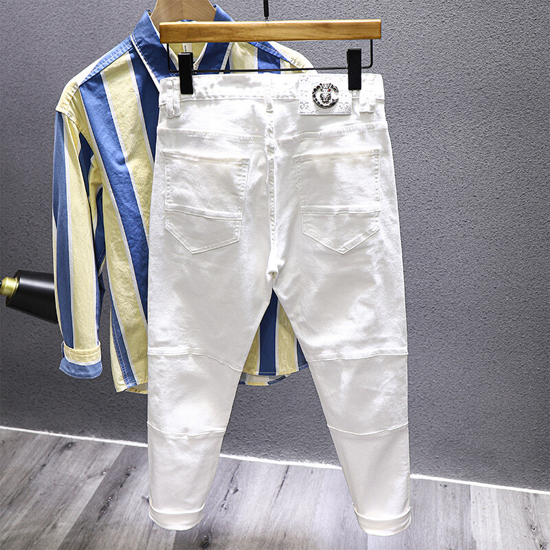 2023. Nove dizajnerske muške bijele krpaste traperice Slim Fit Stretch Fashion Pocket Chic Streetwear Muške omladinske biciklističke traperice Traper hlače