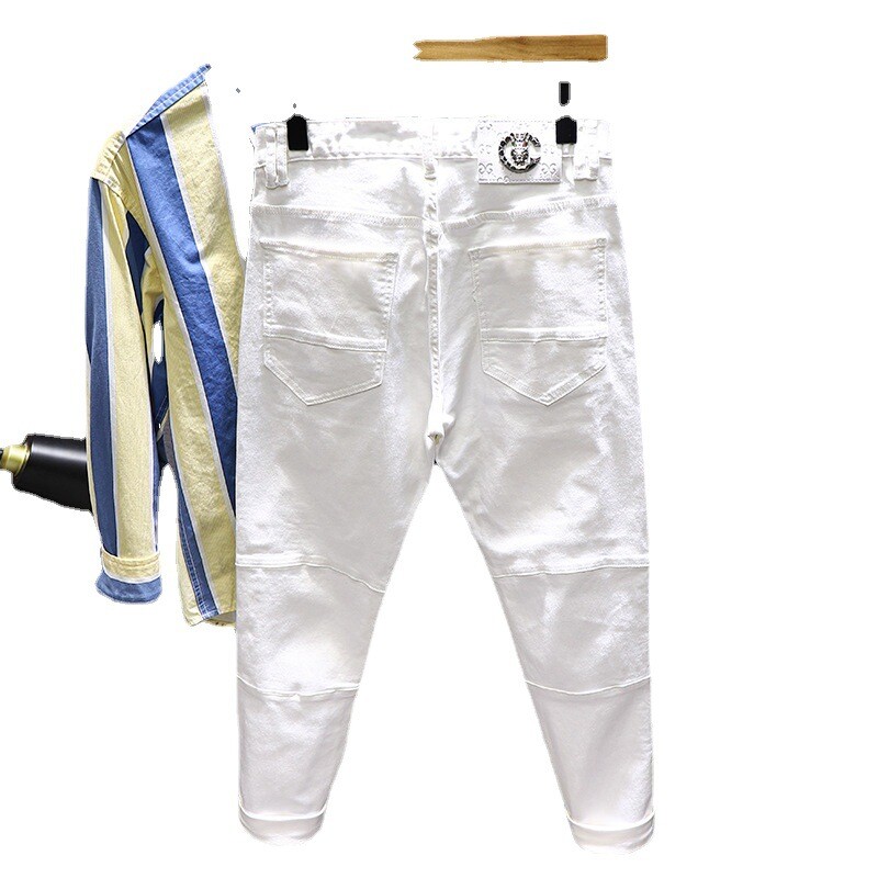 2023. Nove dizajnerske muške bijele krpaste traperice Slim Fit Stretch Fashion Pocket Chic Streetwear Muške omladinske biciklističke traperice Traper hlače