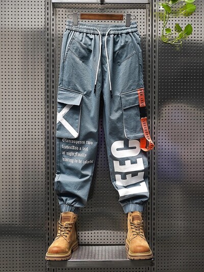 Pantaloni cargo funcționali Trendline, leggings cu mai multe buzunare cu monogramă pentru bărbați, pantaloni largi hip-hop casual