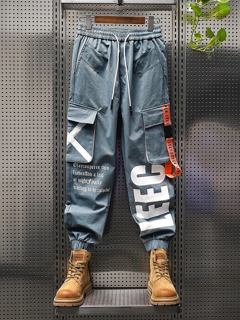 Pantaloni cargo funcționali Trendline, leggings cu mai multe buzunare cu monogramă pentru bărbați, pantaloni largi hip-hop casual