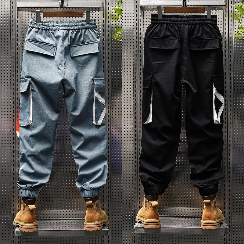 Pantaloni cargo funcționali Trendline, leggings cu mai multe buzunare cu monogramă pentru bărbați, pantaloni largi hip-hop casual