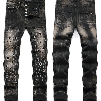 Patchwork patch jeans muške High Street vintage noge uske luksuzne hlače s vezom zvijezda Slim Fit Trend Svestrane Four Seasons 24