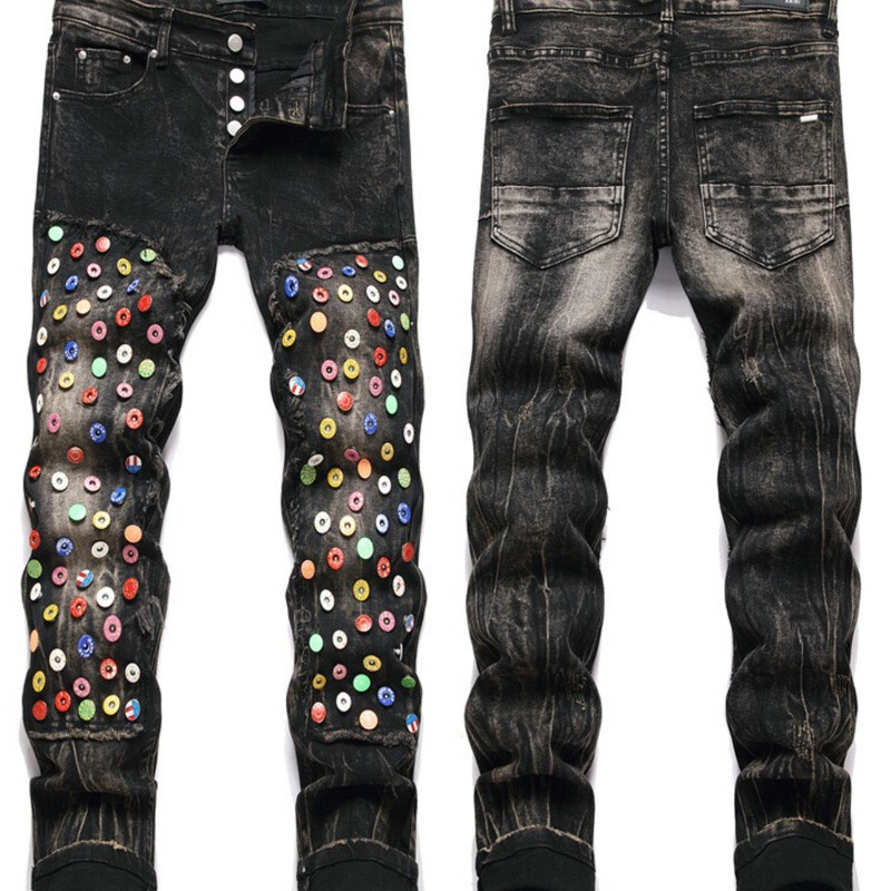 Patchwork patch jeans muške High Street vintage noge uske luksuzne hlače s vezom zvijezda Slim Fit Trend Svestrane Four Seasons 24