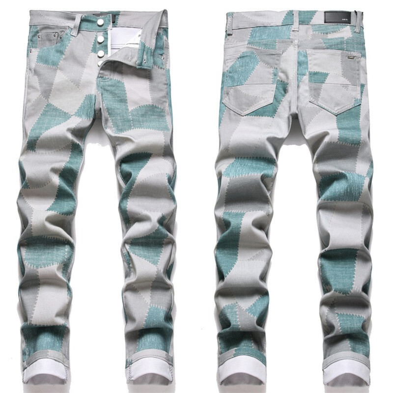 Patchwork patch jeans muške High Street vintage noge uske luksuzne hlače s vezom zvijezda Slim Fit Trend Svestrane Four Seasons 24