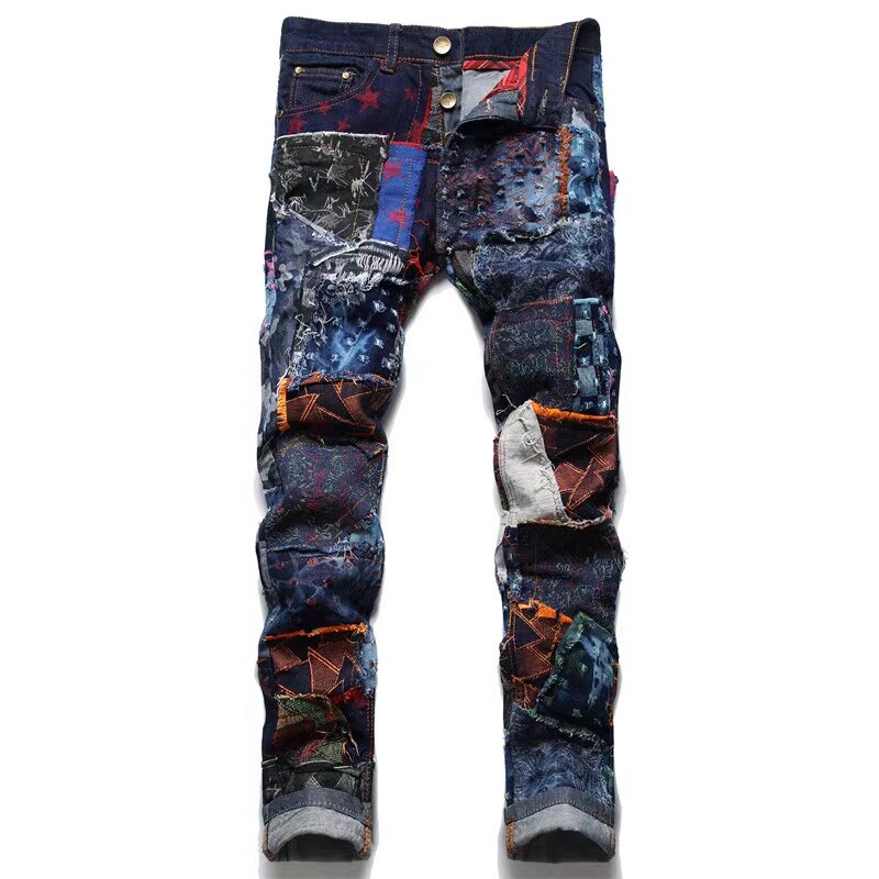 Patchwork patch jeans muške High Street vintage noge uske luksuzne hlače s vezom zvijezda Slim Fit Trend Svestrane Four Seasons 24