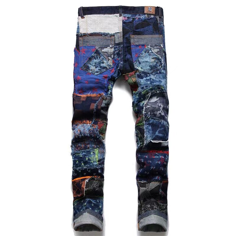 Patchwork patch jeans muške High Street vintage noge uske luksuzne hlače s vezom zvijezda Slim Fit Trend Svestrane Four Seasons 24