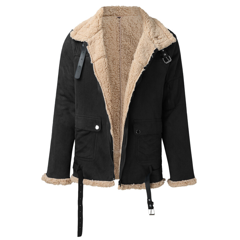 Ανδρική μόδα Απλό χειμερινό παλτό με πέτο γιακά με μακρυμάνικο δερμάτινο μπουφάν με επένδυση Vintage χοντρό παλτό Sheepskin μπουφάν