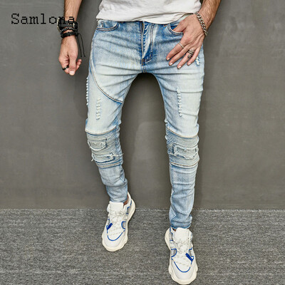 2024 Férfi Vintage redőzött Demin nadrág puha farmer nadrág Férfi vékony ceruza Demin nadrág férfi divatos cipzáras zsebes melegítőnadrág