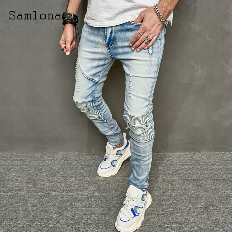 2024 Férfi Vintage redőzött Demin nadrág puha farmer nadrág Férfi vékony ceruza Demin nadrág férfi divatos cipzáras zsebes melegítőnadrág