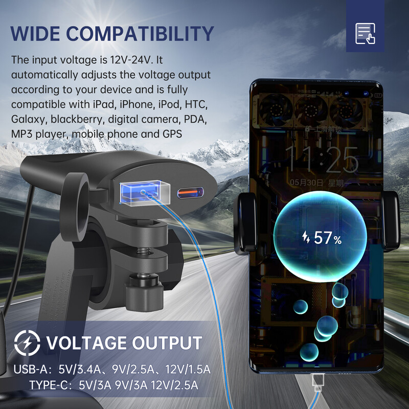 QC3.0 Motocyklová USB nabíjačka 30W USB-C nabíjačka IP67 Vodotesná GPS nabíjačka na riadidlá s držiakom pre motocykel a telefón
