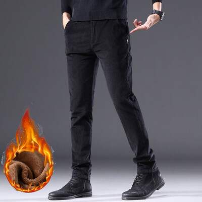 Polar de iarnă Pantaloni caldi din velur de designer pentru bărbați, eleganti, de afaceri, slim fit, elastici, îngroșați, pufos verzi, pantaloni casual pentru bărbați