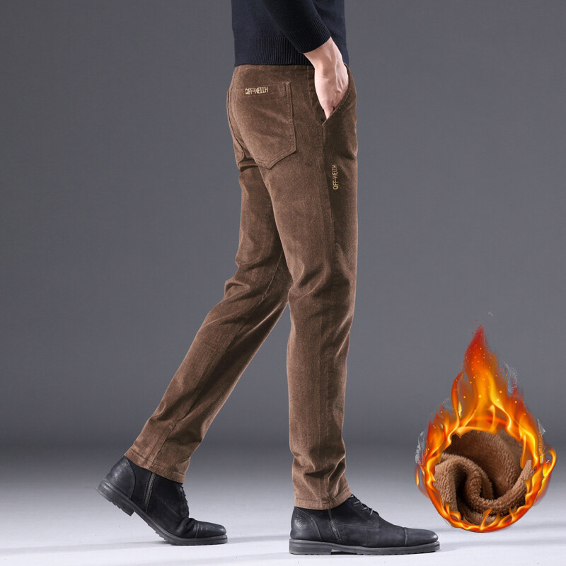 Polar de iarnă Pantaloni caldi din velur de designer pentru bărbați, eleganti, de afaceri, slim fit, elastici, îngroșați, pufos verzi, pantaloni casual pentru bărbați