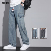 KUBRO American Casual Cargo Pants 2024 Spring Summer Fashion Street Youth Loose Jeans Vīriešu elastīgs viduklis taisnas džinsa bikses