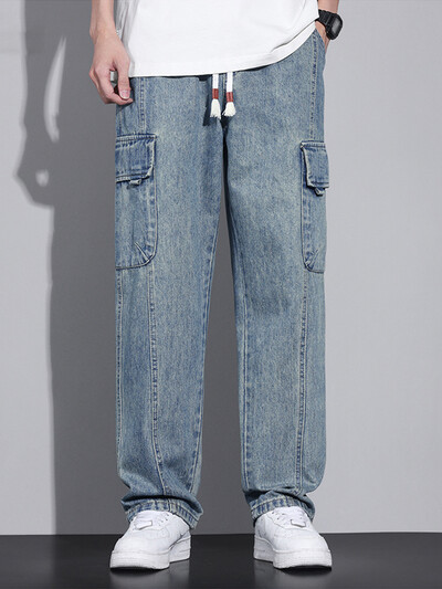 KUBRO American Casual Cargo Pants 2024 Spring Summer Fashion Street Youth Loose Jeans Vīriešu elastīgs viduklis taisnas džinsa bikses