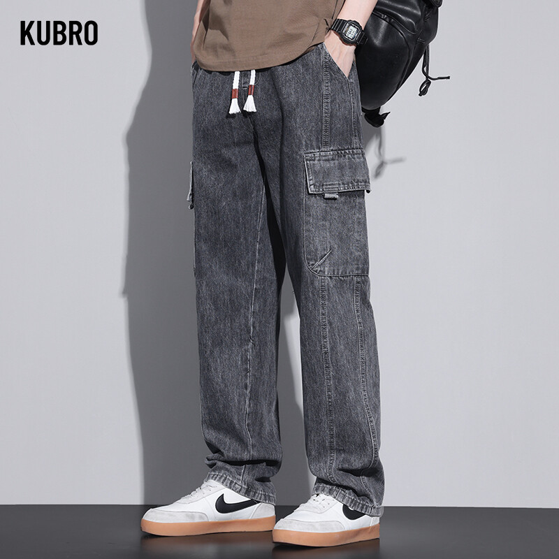 KUBRO American Casual Cargo Pants 2024 Spring Summer Fashion Street Youth Loose Jeans Vīriešu elastīgs viduklis taisnas džinsa bikses