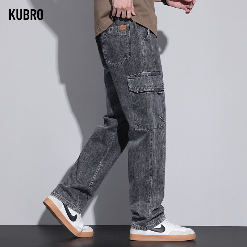 KUBRO American Casual Cargo Pants 2024 Spring Summer Fashion Street Youth Loose Jeans Vīriešu elastīgs viduklis taisnas džinsa bikses