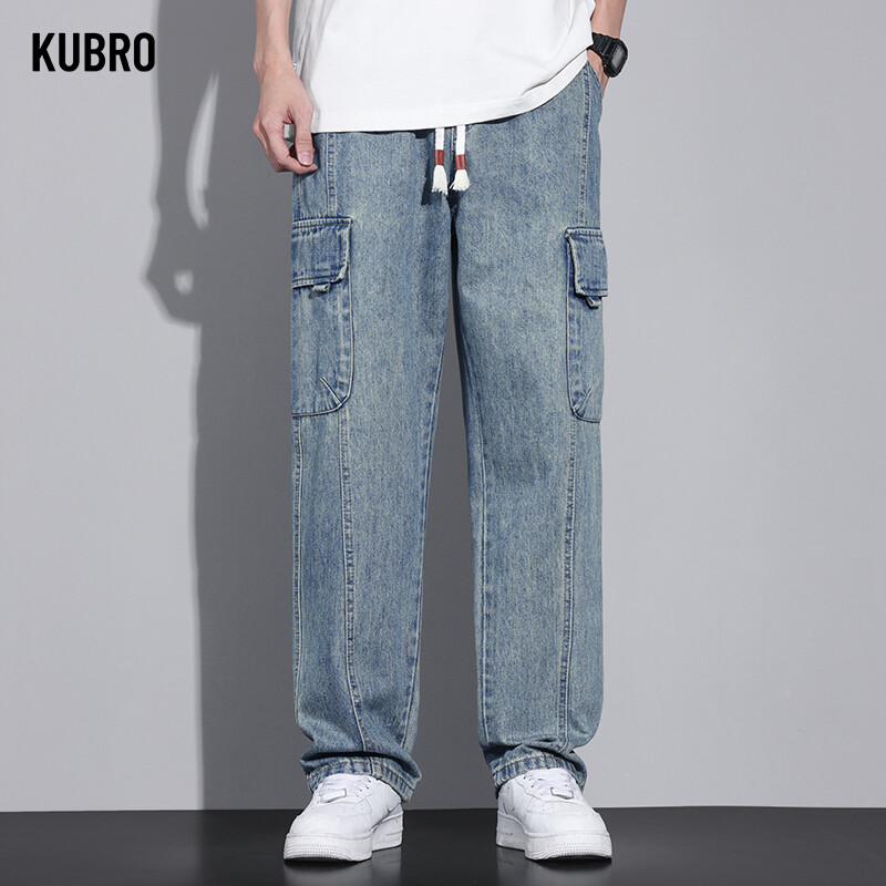KUBRO American Casual Cargo Pants 2024 Spring Summer Fashion Street Youth Loose Jeans Vīriešu elastīgs viduklis taisnas džinsa bikses