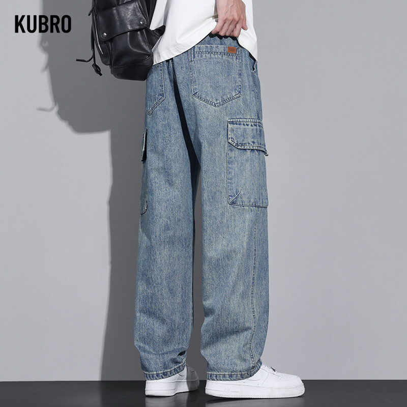 KUBRO American Casual Cargo Pants 2024 Spring Summer Fashion Street Youth Loose Jeans Vīriešu elastīgs viduklis taisnas džinsa bikses