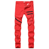 Primăvară New Trendyol Pantaloni de denim cu găuri pentru bărbați, blugi roșii rupti, hip hop, vintage, blugi, bărbați, cu fermoar, casual, pentru bărbați.