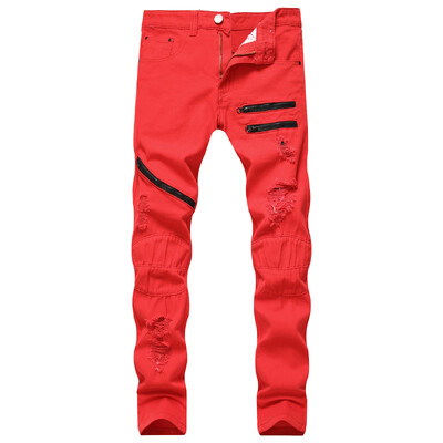 Primăvară New Trendyol Pantaloni de denim cu găuri pentru bărbați, blugi roșii rupti, hip hop, vintage, blugi, bărbați, cu fermoar, casual, pentru bărbați.