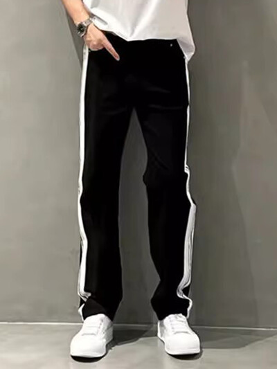 2023. gada modes jauni vīriešu džinsi pavasaris rudens vīrietis, sānu svītras, vaļīgas bikses, taisnas mazgāšanas melnas ielas apģērbs, vintage džinsa bikses