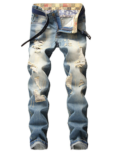 Muške retro plave traperice, poderane trendi rastezljive traper hlače, visokokvalitetne svestrane muške hlače s modnim printom velike veličine