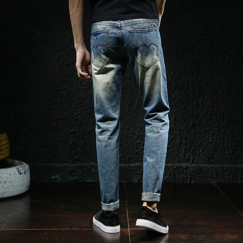 Muške retro plave traperice, poderane trendi rastezljive traper hlače, visokokvalitetne svestrane muške hlače s modnim printom velike veličine