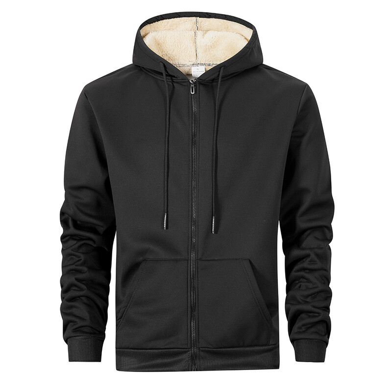 Hanorace cu fermoar din lână de miel de iarnă Îngroșați Jachete calde Hanorace cu mânecă lungă Sport ocazional Fleece Mantoane negre Mantoane bărbați cu glugă