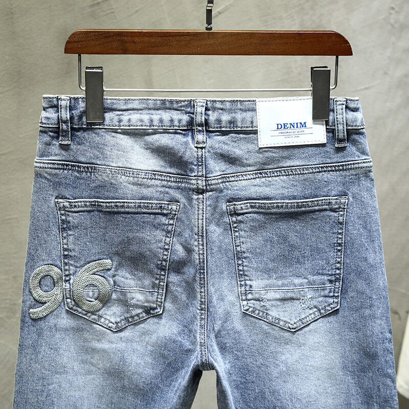 Zīmols Vīrietis Žans Stretch Slim Fitness Gaiši zils Streetwear Bikses Oriģināls Vīrietis Džinsi Patch Džinsu Bikses Modes Vēstules Desinger