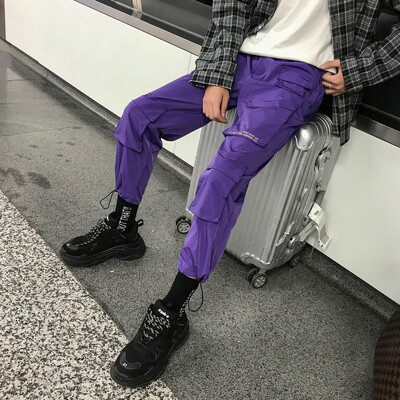 Pantaloni cargo 2021 pentru bărbați, îmbrăcăminte de stradă, salopete pentru bărbați, pantaloni de jogging hip hop, buzunare, pantaloni harem, pantaloni de trening violet coreean