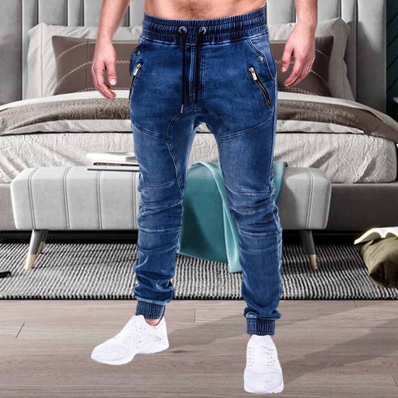 Férfi szabadtéri nyári lovaglás Farmer Motorpoof Farmer Skinny Jeans Divat zsebek Farmer ceruza nadrág Bokakötött farmer nadrág