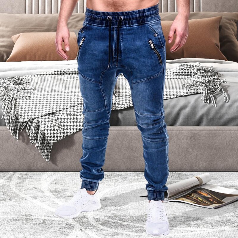 Férfi szabadtéri nyári lovaglás Farmer Motorpoof Farmer Skinny Jeans Divat zsebek Farmer ceruza nadrág Bokakötött farmer nadrág