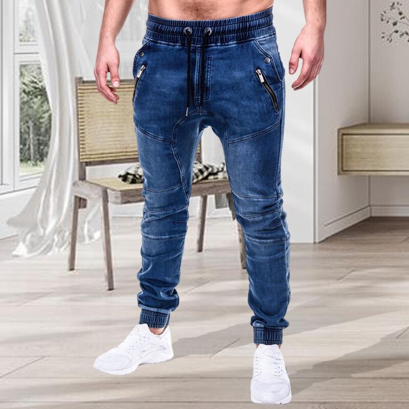 Férfi szabadtéri nyári lovaglás Farmer Motorpoof Farmer Skinny Jeans Divat zsebek Farmer ceruza nadrág Bokakötött farmer nadrág