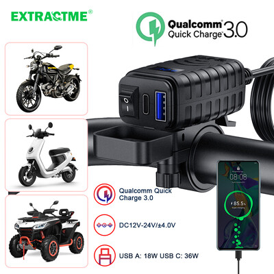 Extractme Мотоциклетно USB бързо зарядно Водоустойчиво гнездо с Тип C QC3.0 Зарядно за мото телефон с волтметър и превключвател