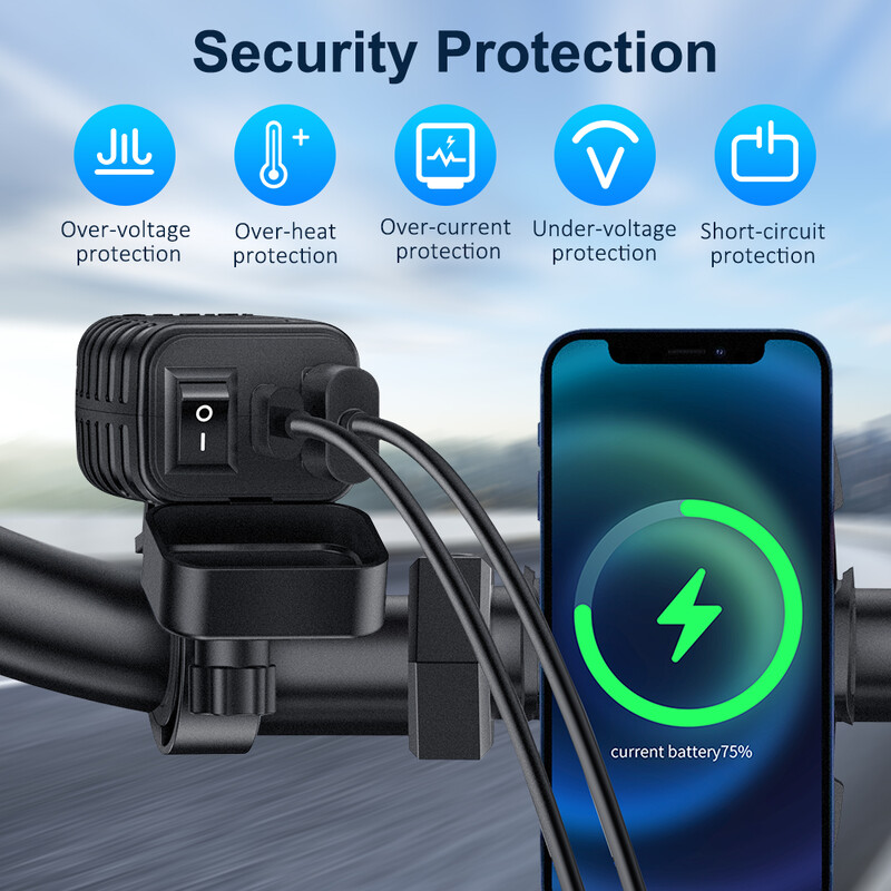 Extractme USB brzi punjač za motocikl, vodootporna utičnica s utičnicom tipa C QC3.0, punjač za moto telefon s voltmetrom i prekidačem