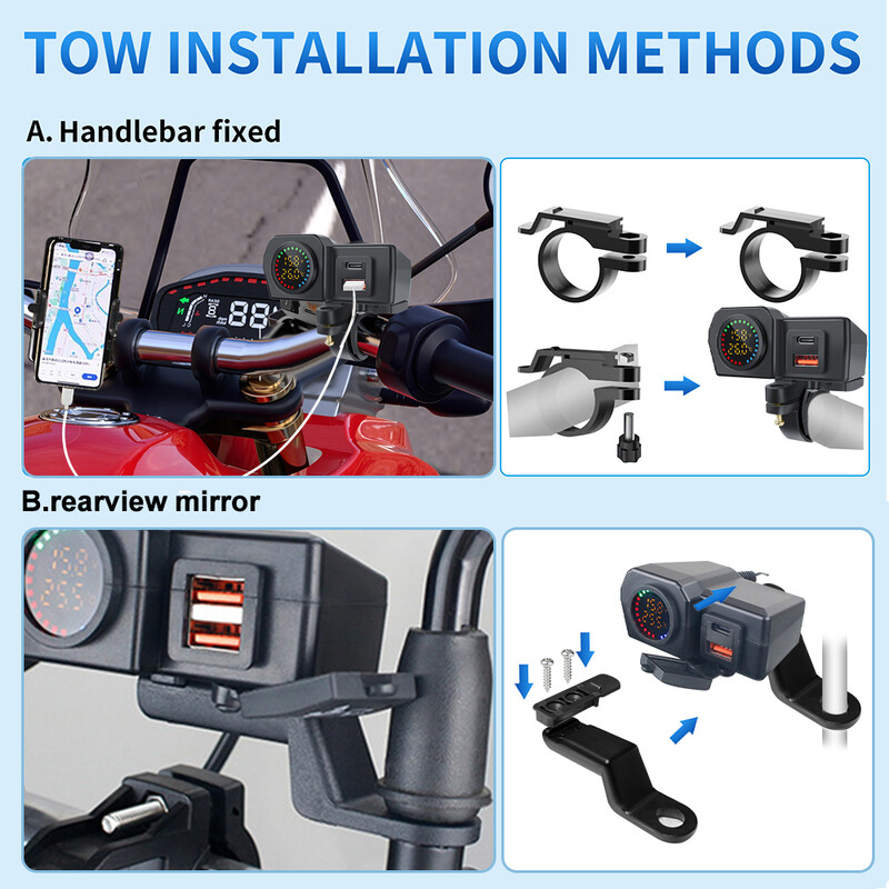 60 W Dual USB ligzda Motocikla stūre un aizmugurējais spogulis ūdensizturīgs ātrā lādētājs tālruņa strāvas adapteris digitālais voltmetra termometrs