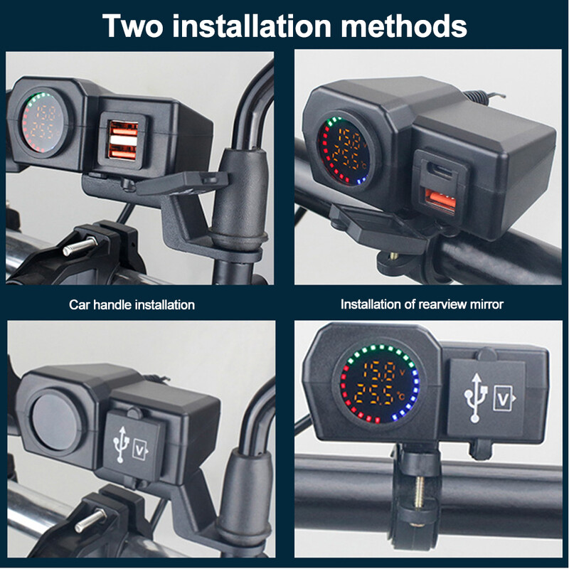 60 W Dual USB ligzda Motocikla stūre un aizmugurējais spogulis ūdensizturīgs ātrā lādētājs tālruņa strāvas adapteris digitālais voltmetra termometrs