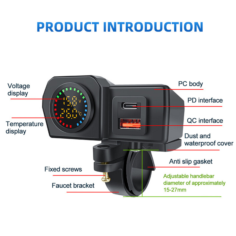 60 W Dual USB ligzda Motocikla stūre un aizmugurējais spogulis ūdensizturīgs ātrā lādētājs tālruņa strāvas adapteris digitālais voltmetra termometrs