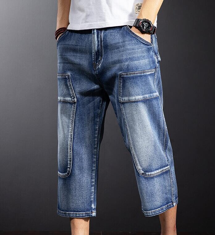 Férfi táskás farmer rövidnadrág divat utcai viselet Hip-hop gördeszka Cargo Hole farmer Férfi vádliig érő nadrág