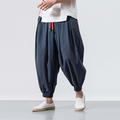 Pantaloni harem din bumbac, in, pentru bărbați, cu talie elastică solidă, pantaloni de jogging, pantaloni largi, cu crotch, pantaloni casual bărbați, 2024