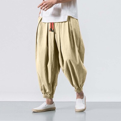 Pantaloni harem din bumbac, in, pentru bărbați, cu talie elastică solidă, pantaloni de jogging, pantaloni largi, cu crotch, pantaloni casual bărbați, 2024