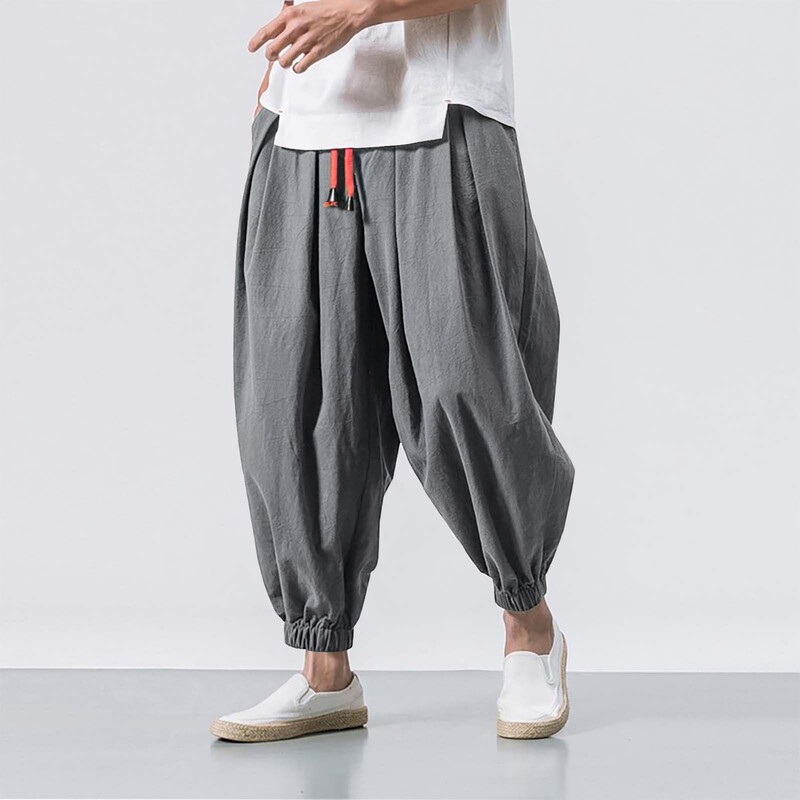 Pantaloni harem din bumbac, in, pentru bărbați, cu talie elastică solidă, pantaloni de jogging, pantaloni largi, cu crotch, pantaloni casual bărbați, 2024