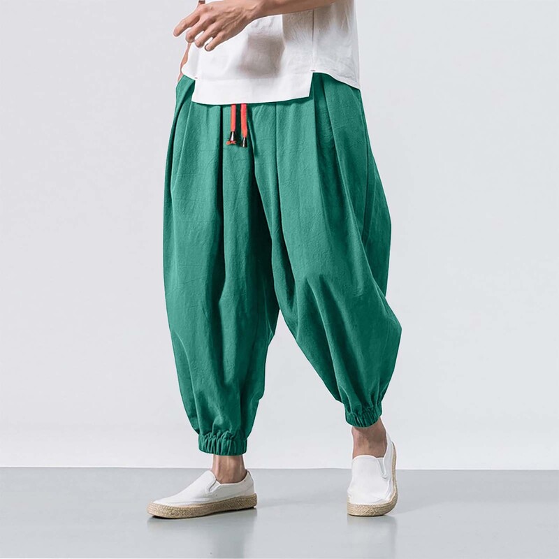 Pantaloni harem din bumbac, in, pentru bărbați, cu talie elastică solidă, pantaloni de jogging, pantaloni largi, cu crotch, pantaloni casual bărbați, 2024