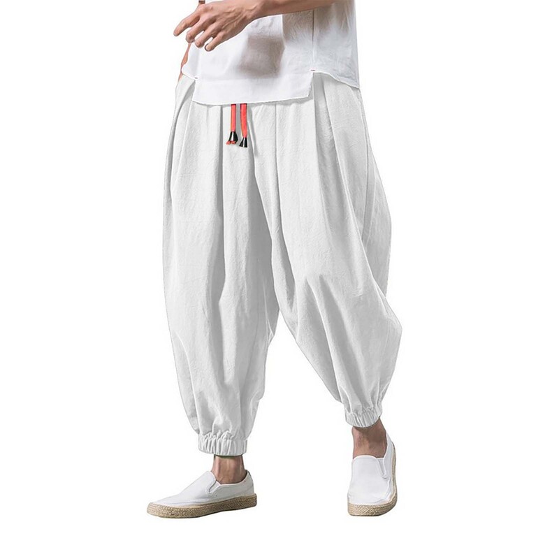 Pantaloni harem din bumbac, in, pentru bărbați, cu talie elastică solidă, pantaloni de jogging, pantaloni largi, cu crotch, pantaloni casual bărbați, 2024